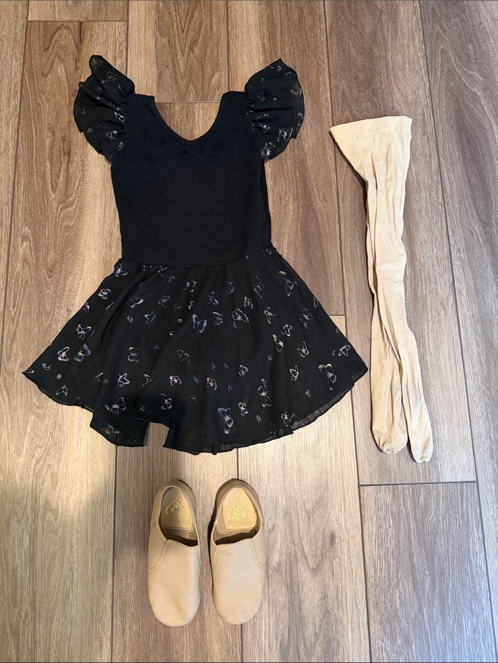 Dance Leotard Butterfly Print, tan stockings and tan dance shoes.